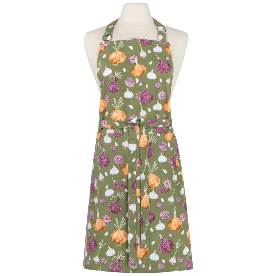 Green apron with vegetable pattern on a mannequin against a white background