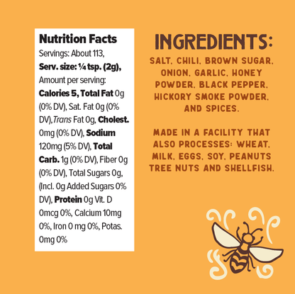 Nutrition facts and ingredients list on a yellow background with a bee logo.