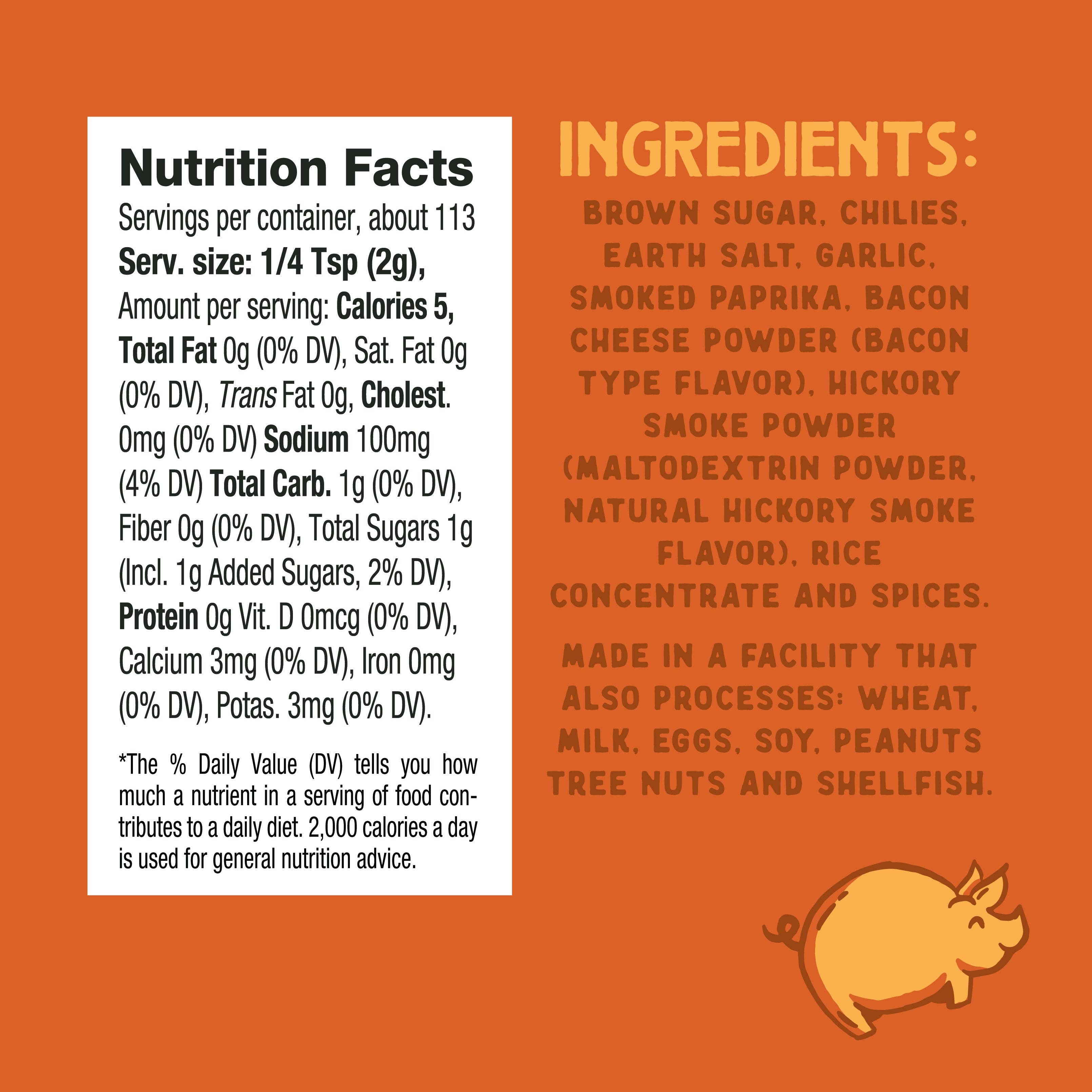 Nutrition facts and ingredients list on an orange background with a pig icon.