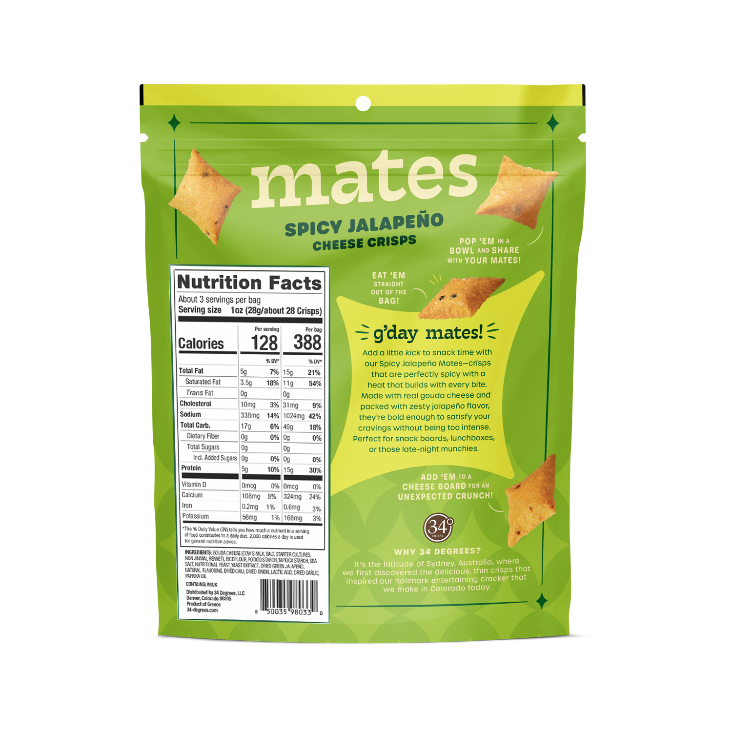 Green package of Spicy Jalapeno Cheese Crisps with &