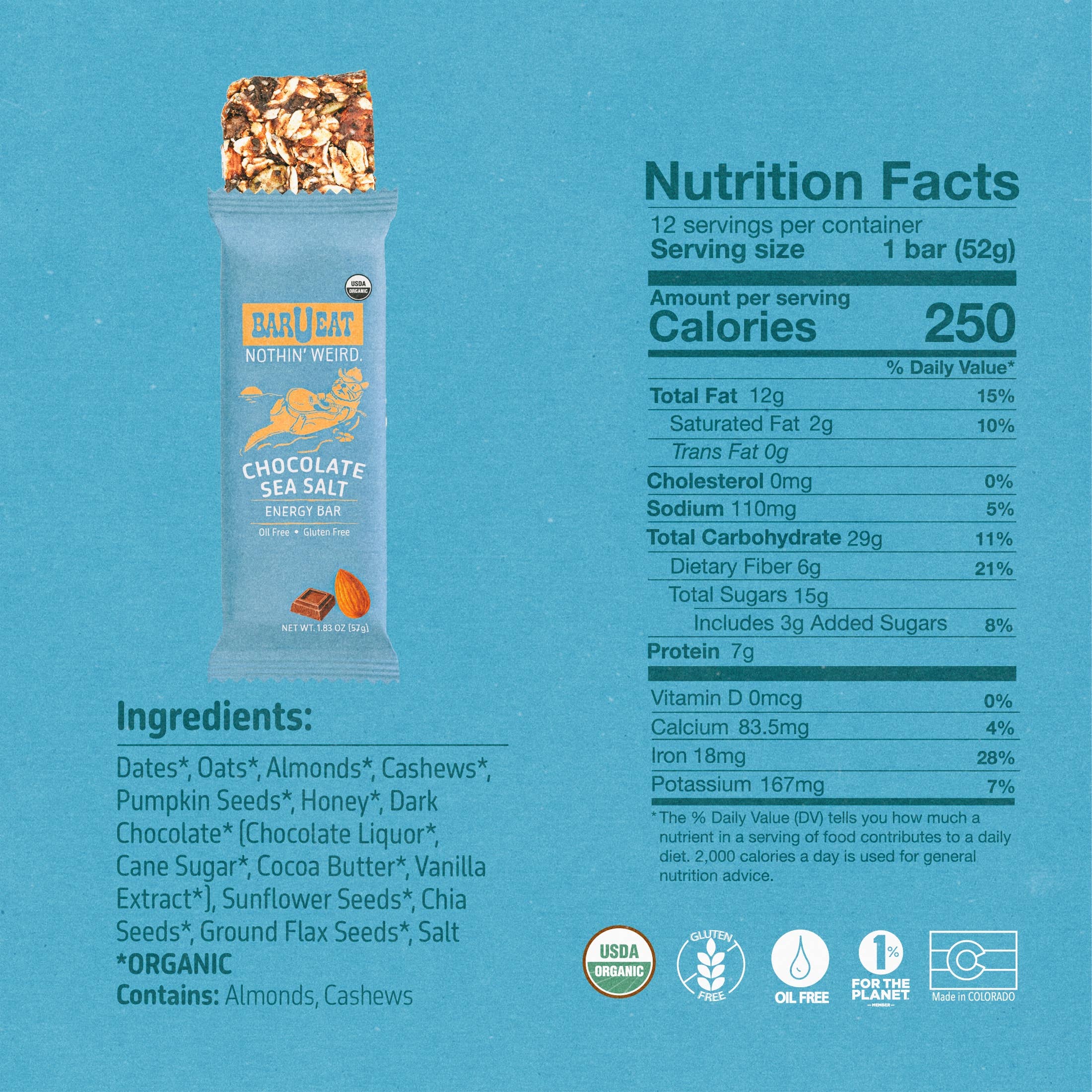 An energy bar package on a bright blue background with Nutrition Facts, ingredients list, and certification logos. 