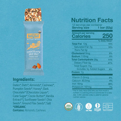 An energy bar package on a bright blue background with Nutrition Facts, ingredients list, and certification logos. 