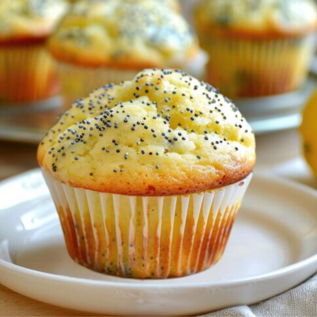 Poppy seed muffin on a white plate with more muffins in the background