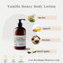 Vanilla honey body lotion with ingredients and brand information on a white background