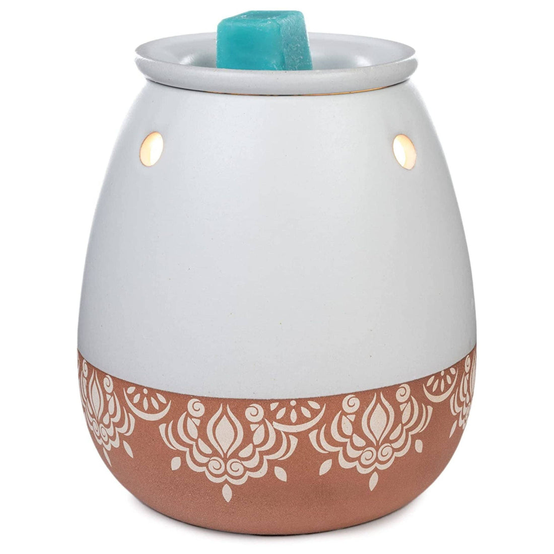 White and terracotta-colored wax warmer with a decorative pattern on a white background