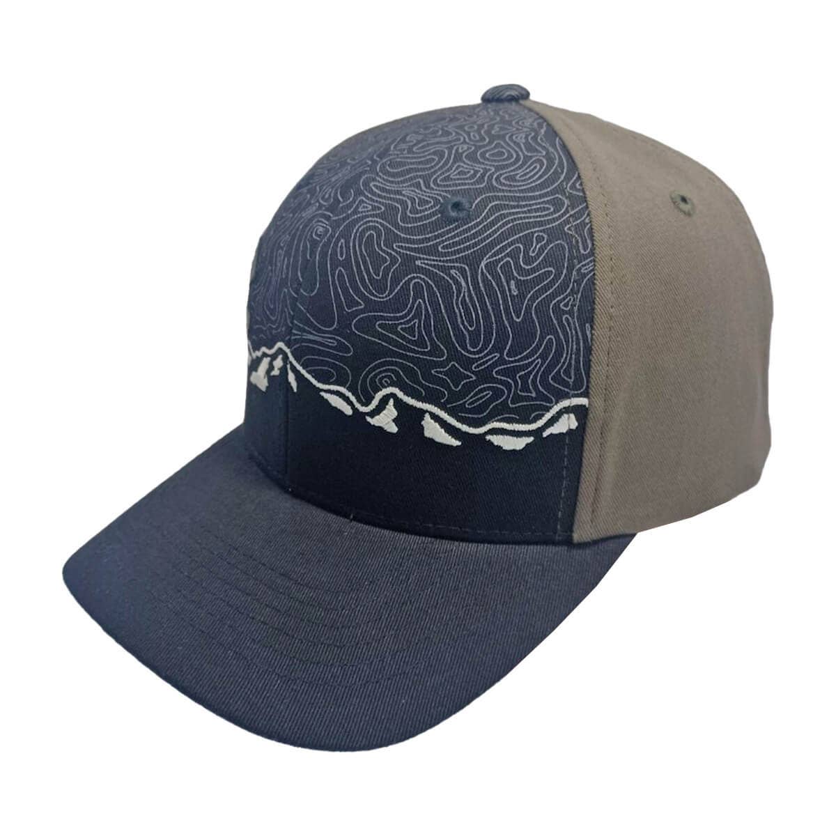 Two-toned cap with blue and beige design on a white background