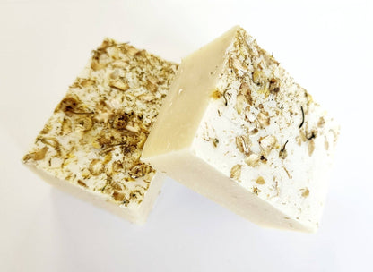 Two pieces of soap with visible ingredients on a white background
