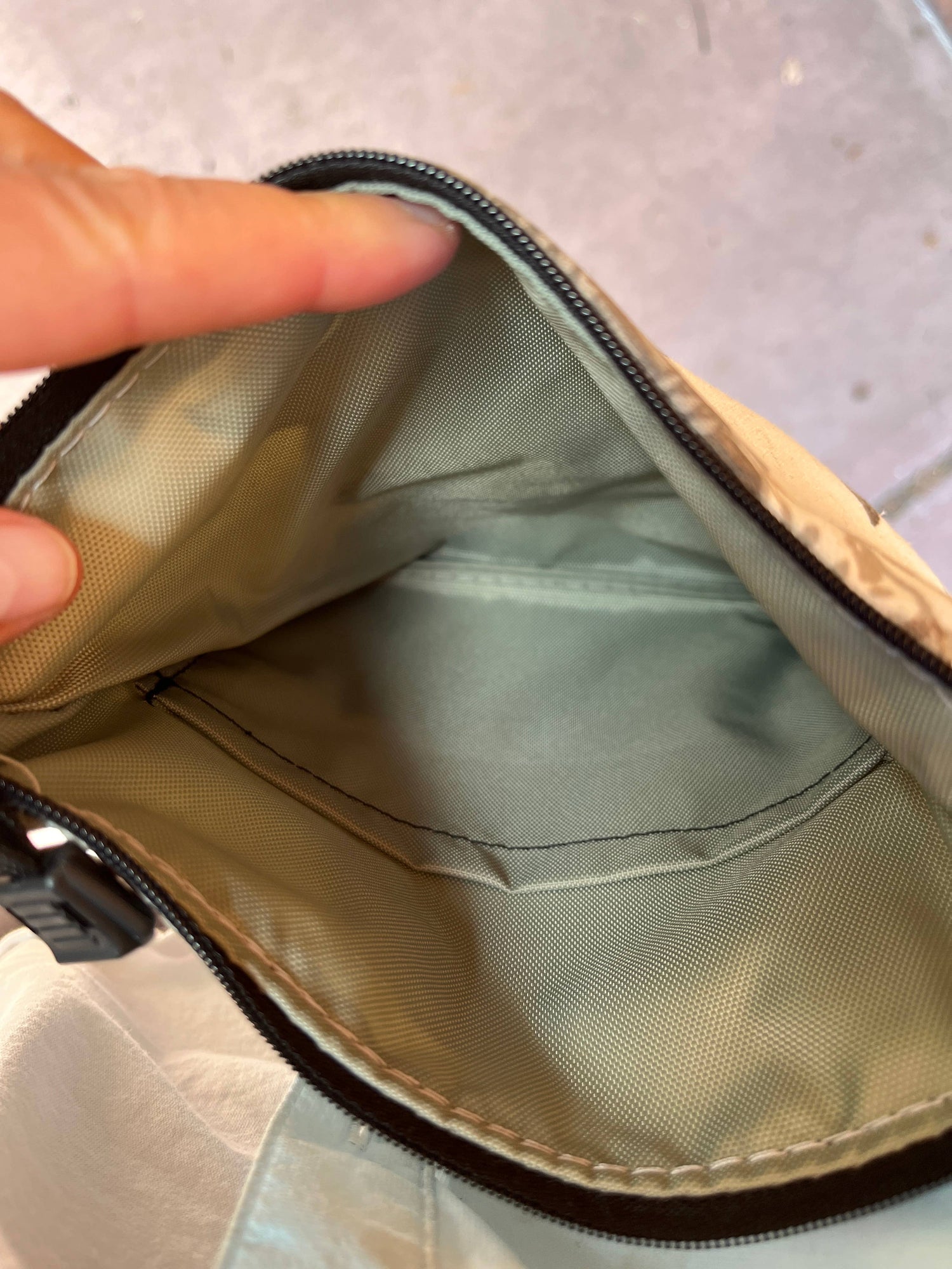 Close-up of a beige bag with a hand pointing to the interior.
