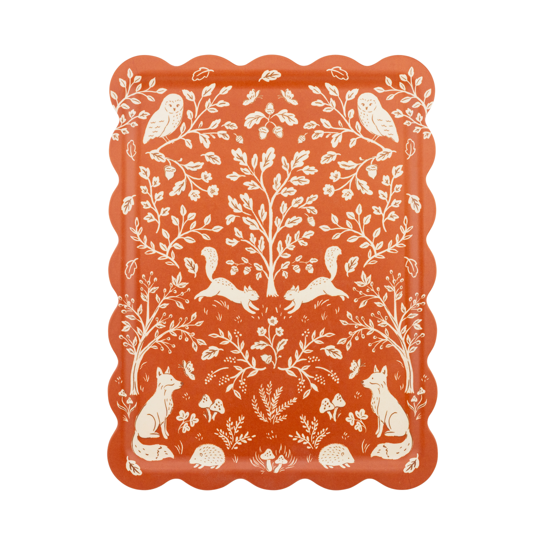 Decorative tray with white animal and nature pattern on a red background