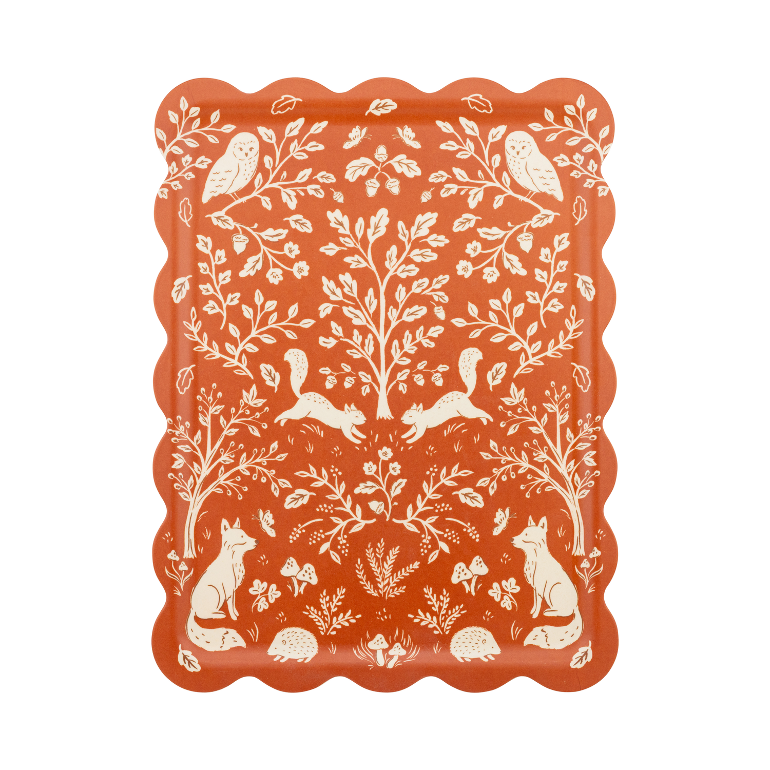 Decorative tray with white animal and nature pattern on a red background