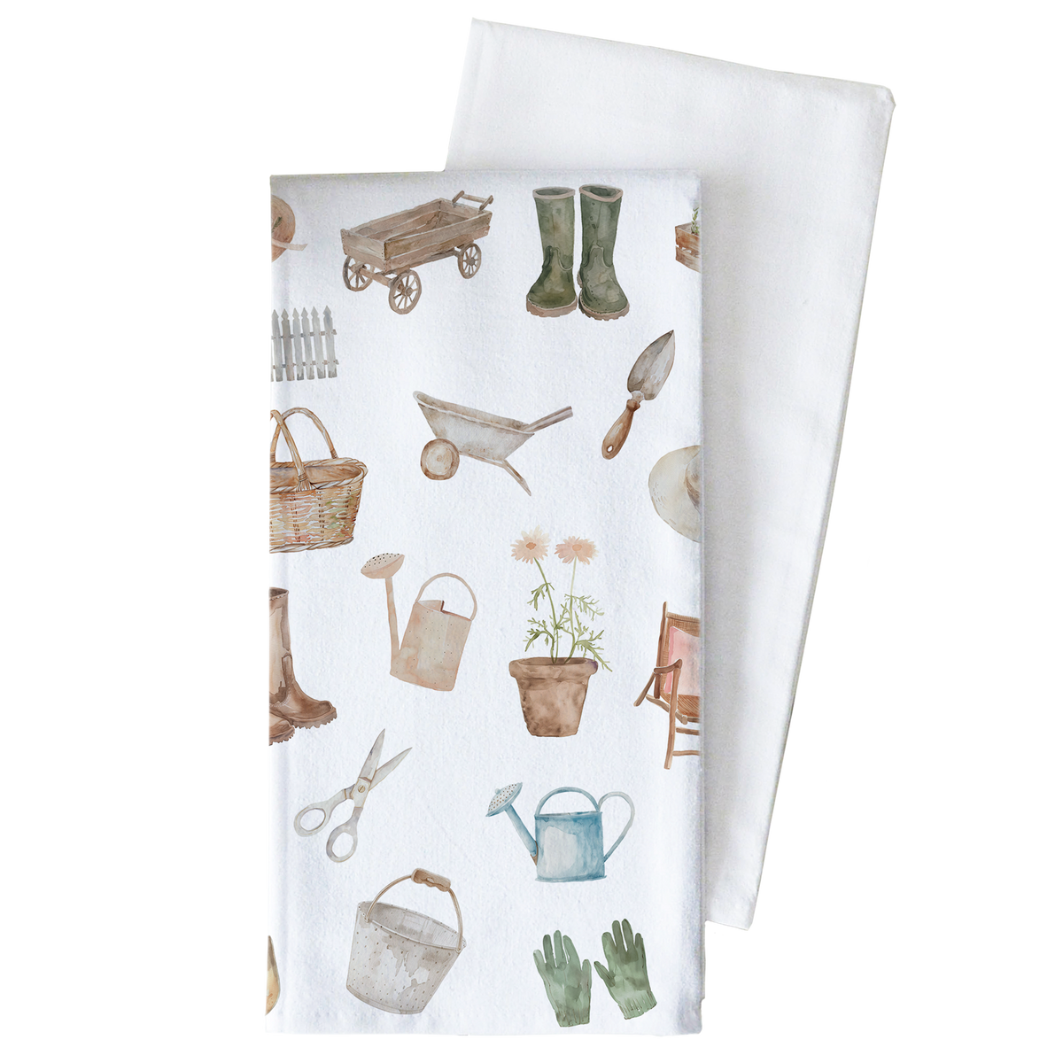 Two folded towels with gardening-themed patterns on a white background