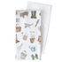 Two folded towels with gardening-themed patterns on a white background