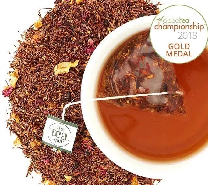 Tea leaves, tea bag, and brewed tea with &