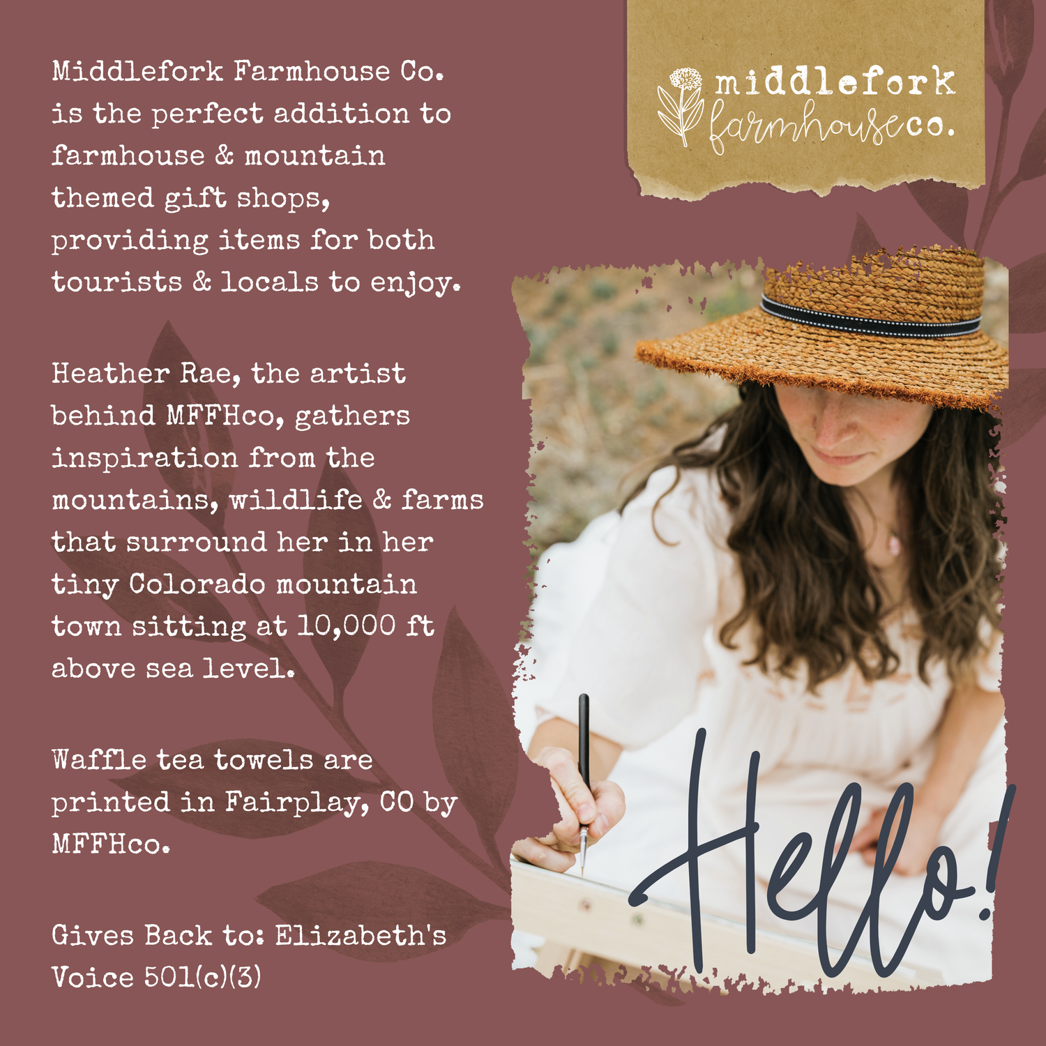 Promotional graphic for Middlefork Farmhouse Co. with a woman wearing a straw hat and holding a &