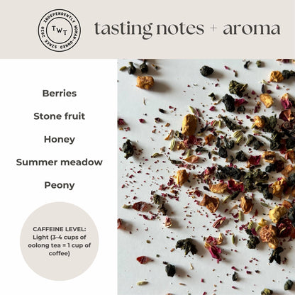 Tea leaves with tasting notes and aroma description on a white background