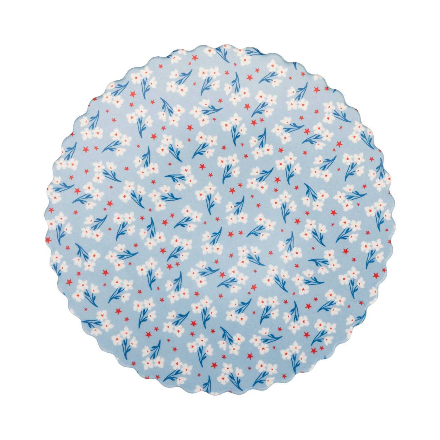Round bamboo plate with floral pattern on a light blue background