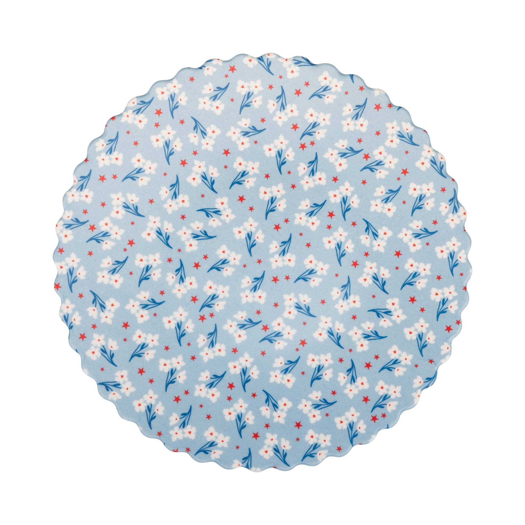 Round bamboo plate with floral pattern on a light blue background