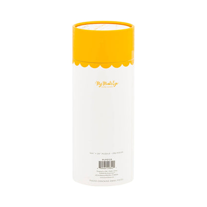 White cylindrical container with a yellow lid on a white background