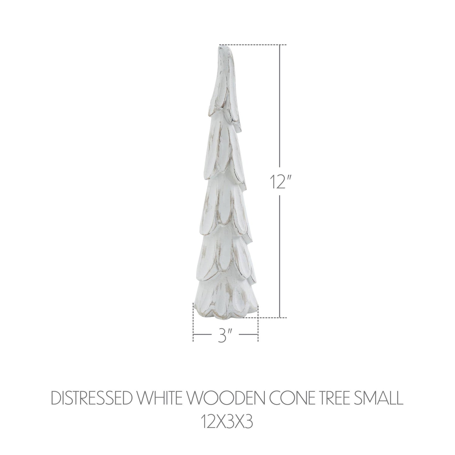 Distressed white wooden cone tree with dimensions on a white background