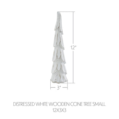 Distressed white wooden cone tree with dimensions on a white background