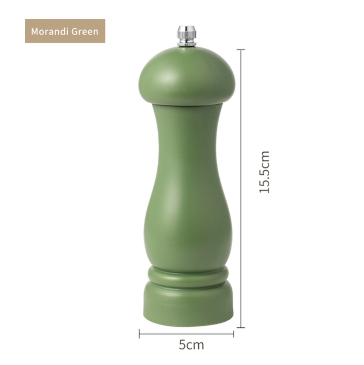 Green pepper grinder with dimensions on a white background