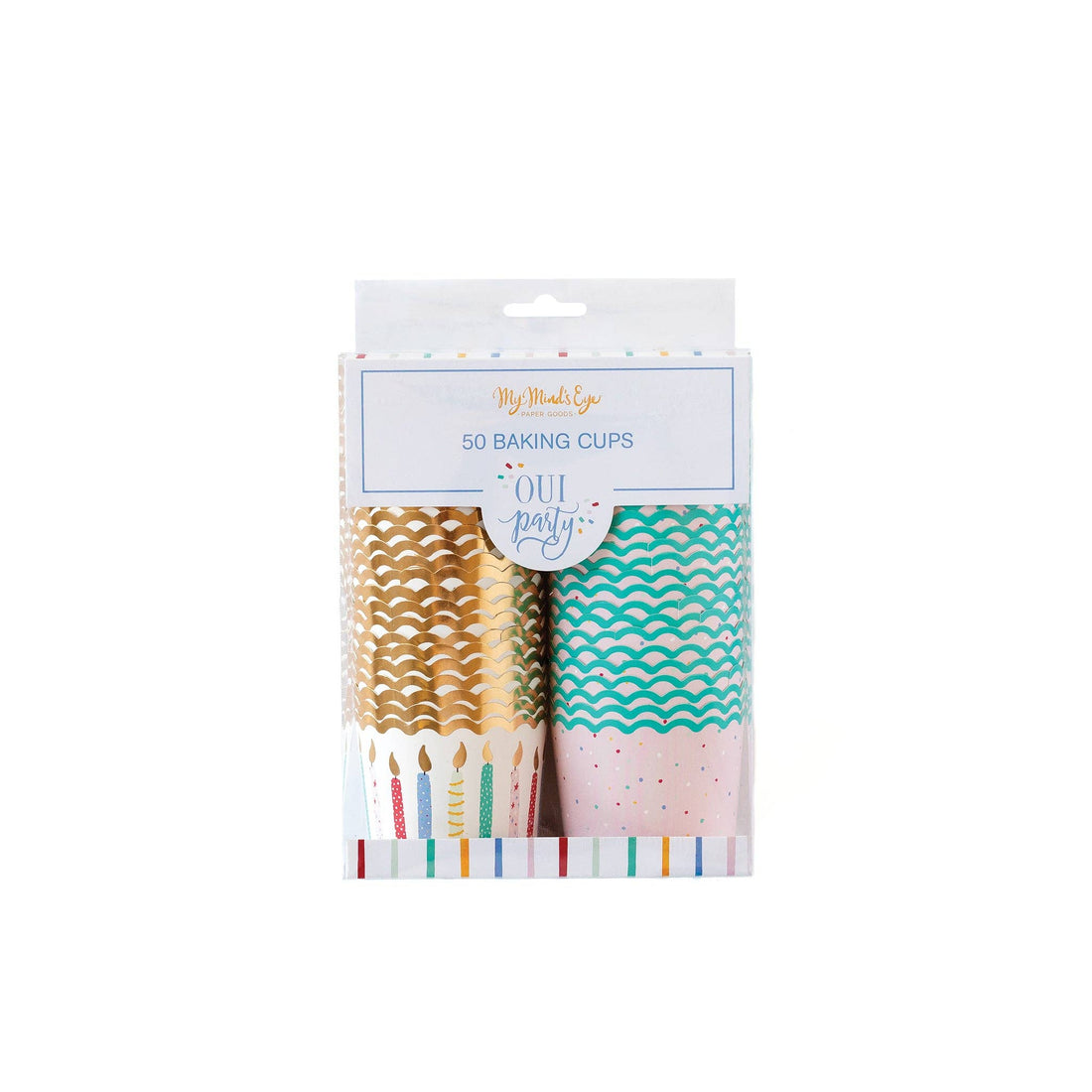 Pack of baking cups with gold, pink, and green designs on a white background