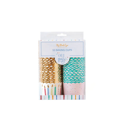 Pack of baking cups with gold, pink, and green designs on a white background