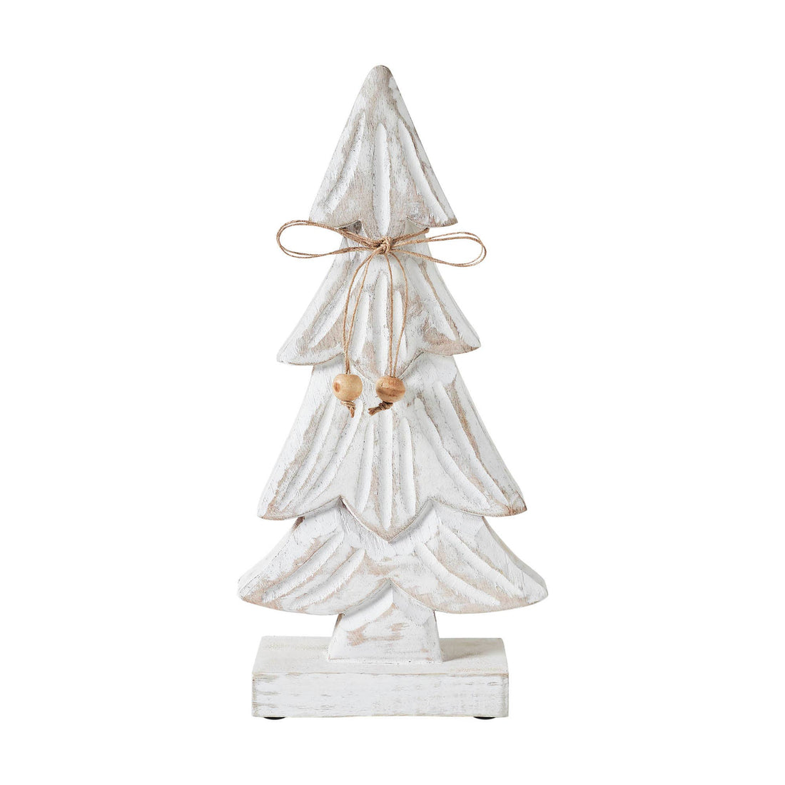 Decorative white wooden Christmas tree with a bow on a white background