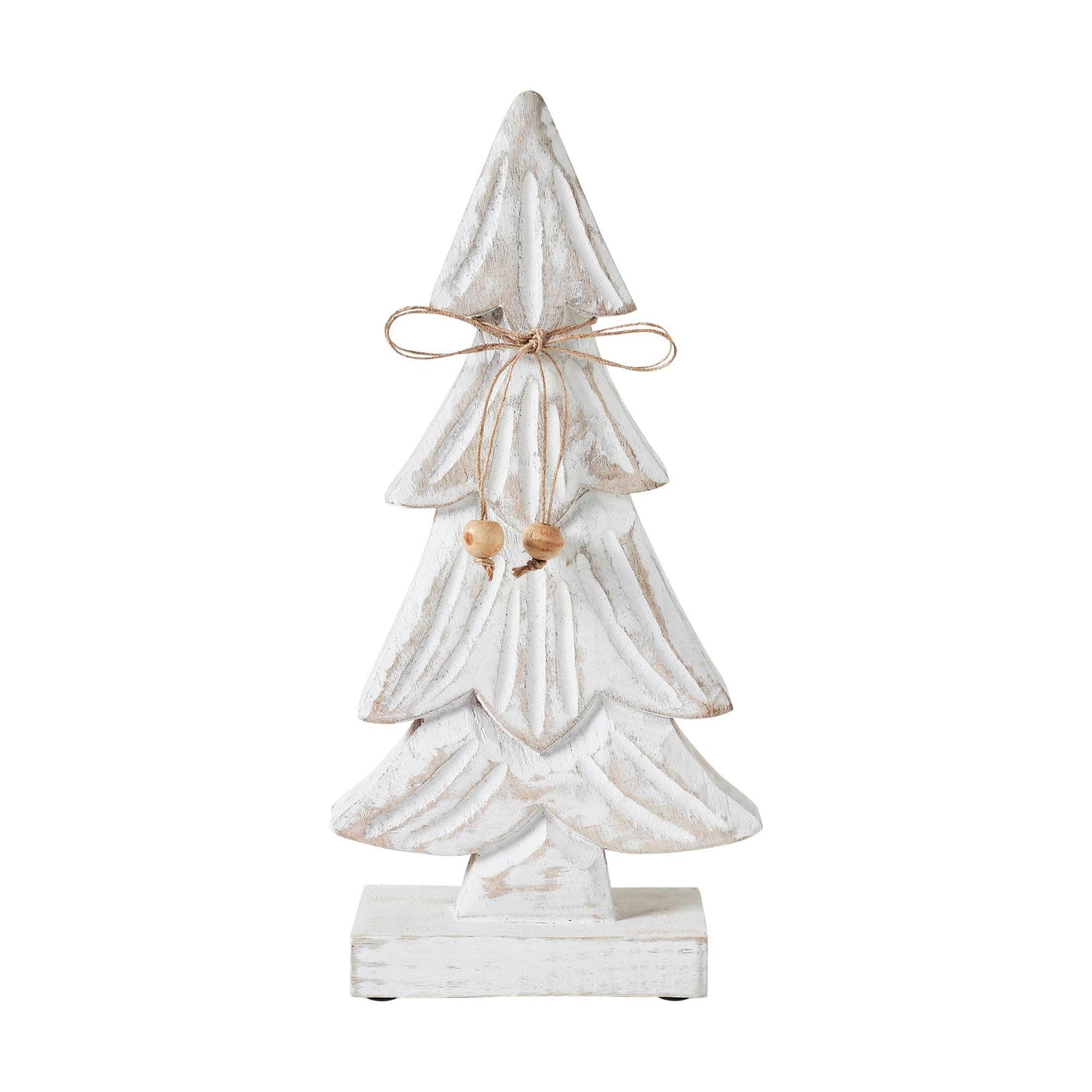 Decorative white wooden Christmas tree with a bow on a white background