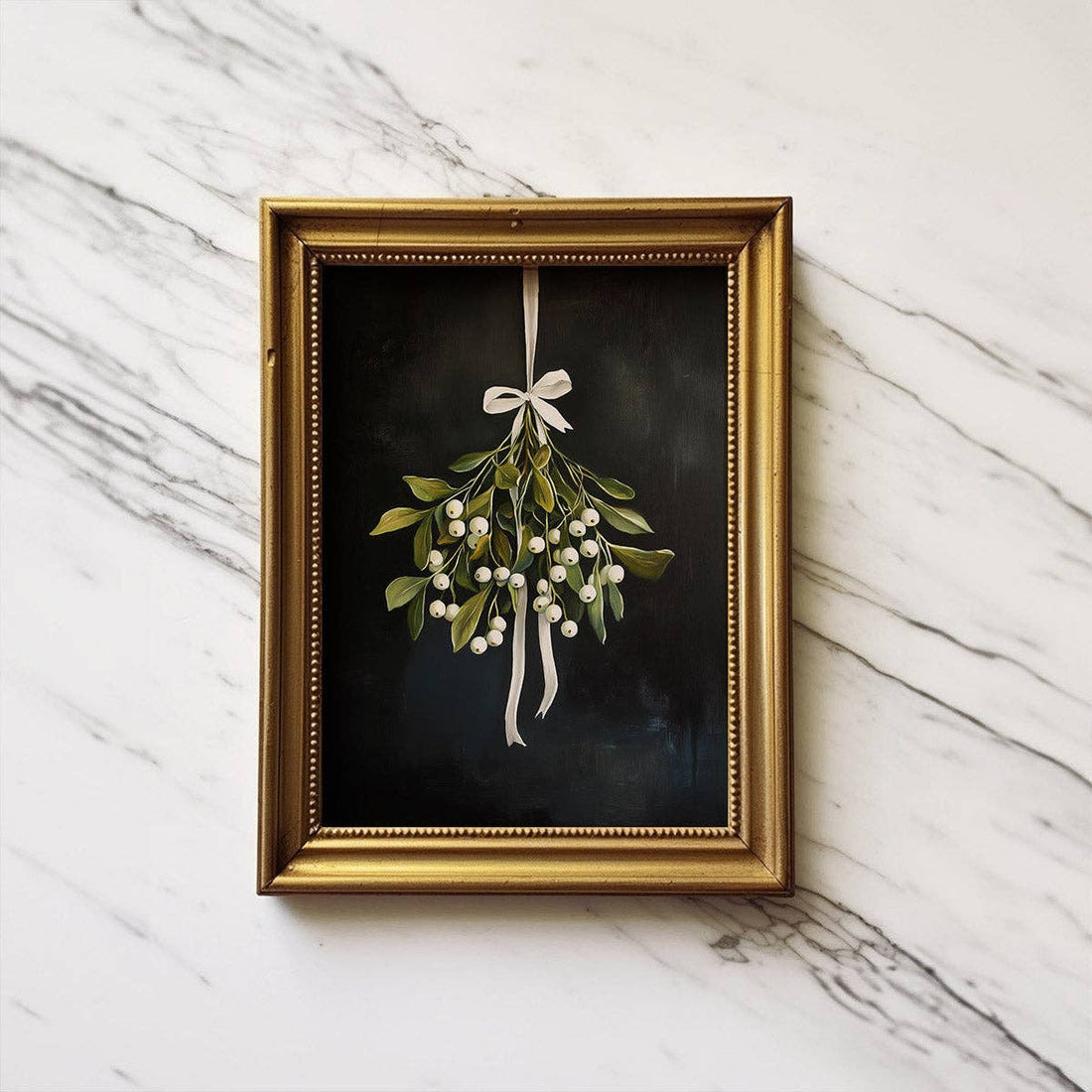 Mistletoe on Black Christmas Art Print