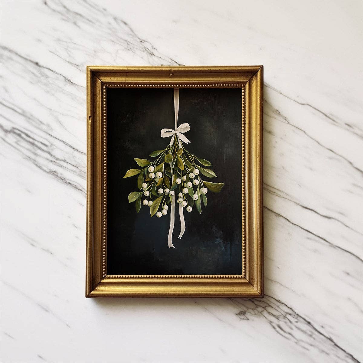 Mistletoe on Black Christmas Art Print