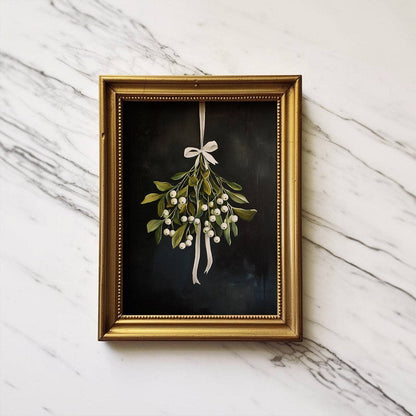 Mistletoe on Black Christmas Art Print