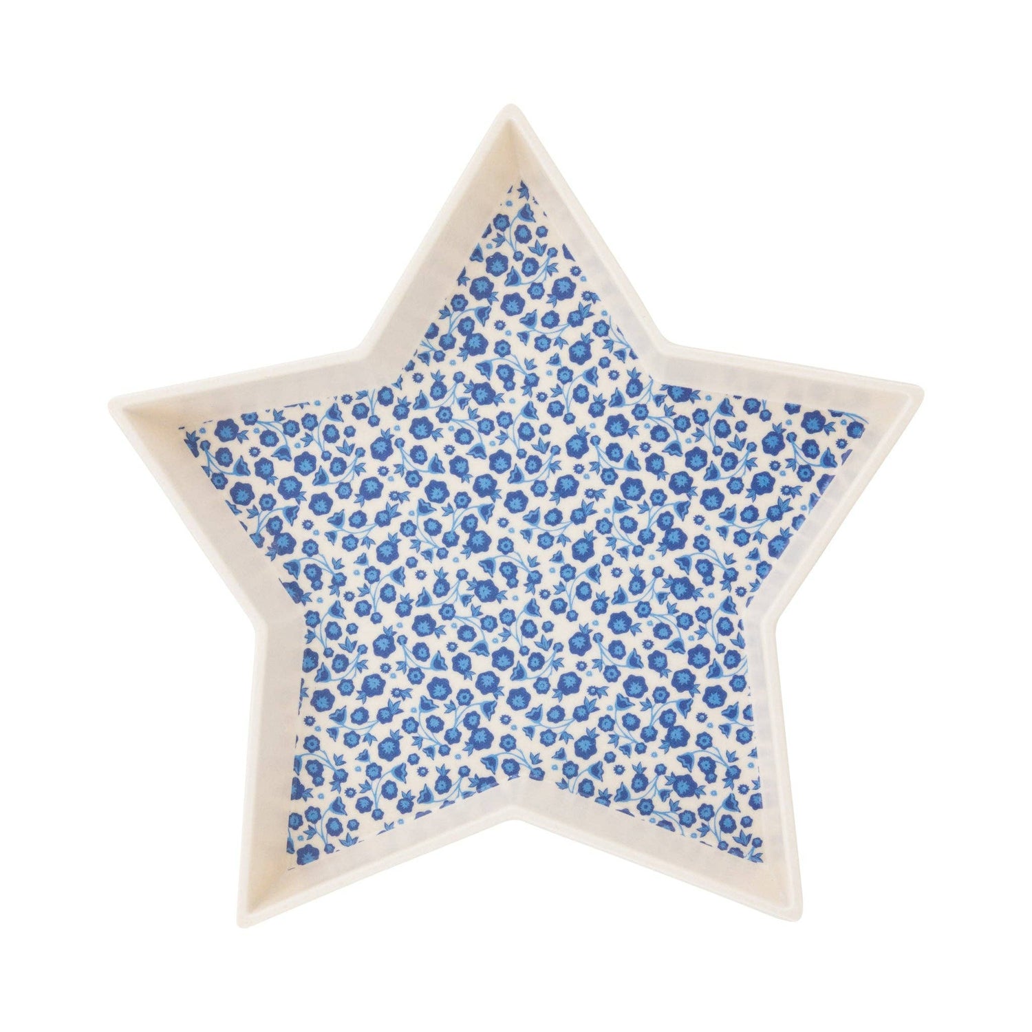 Star-shaped bamboo tray with blue floral pattern on a white background