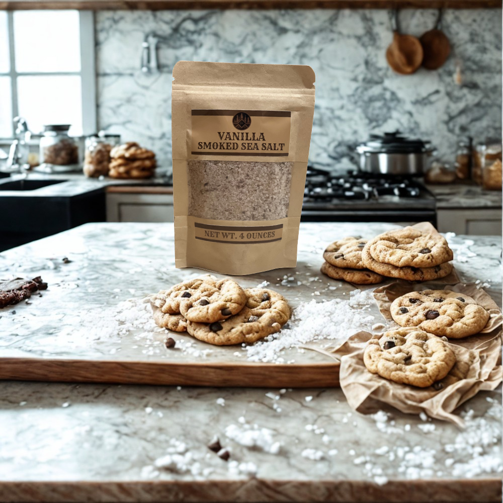 Bag of vanilla smoked sea salt on a kitchen counter with cookies around it