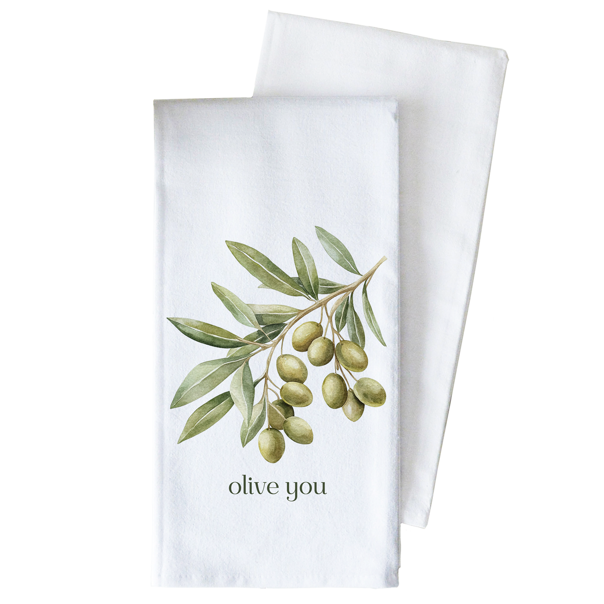 Two white towels with olive branch design and &
