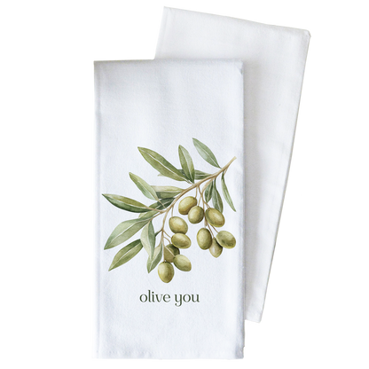 Two white towels with olive branch design and &