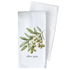 Two white towels with olive branch design and &