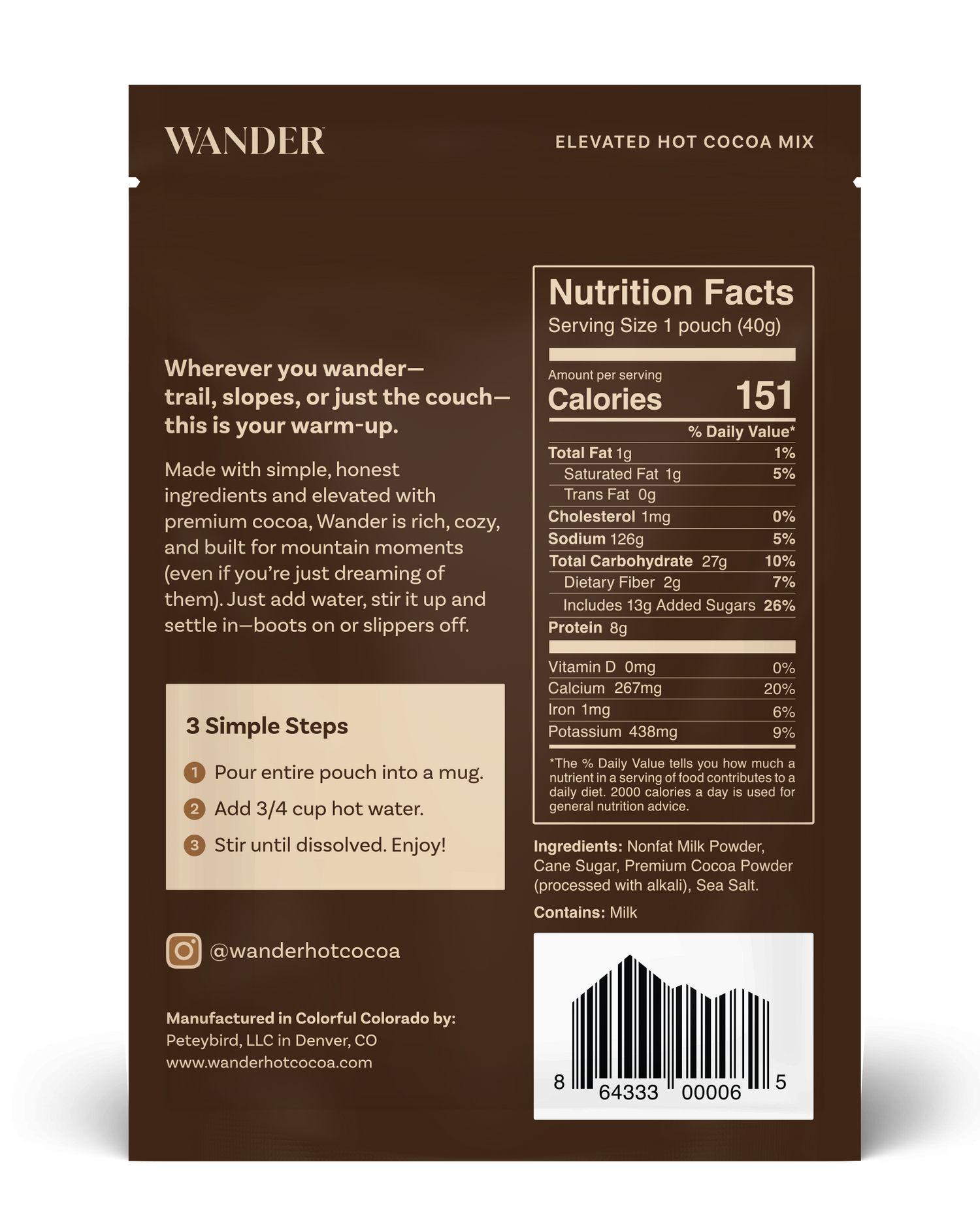 Wander hot cocoa mix package with nutrition facts and ingredients on a white background