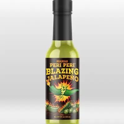 A bottle of Mamas Peri Peri Blazing Jalapeño hot sauce with a black cap and a black label featuring yellow and green graphics, set against a light gray gradient background.