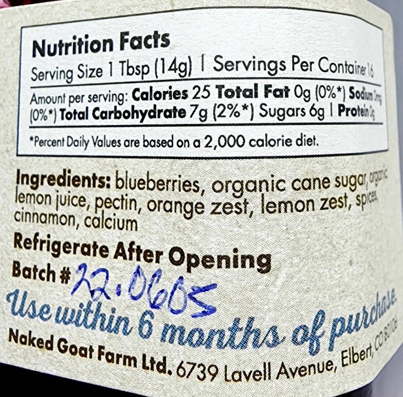 Naked Goat Farm Blueberry Marmalade Jam Nutrition Facts