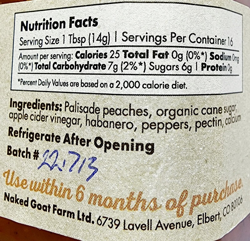Naked Goat Farm Peach Habanero Jam Nutrition Facts