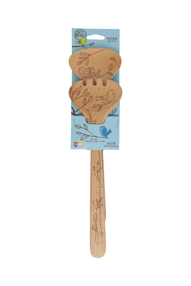 Wooden salad server with bird design on a white background