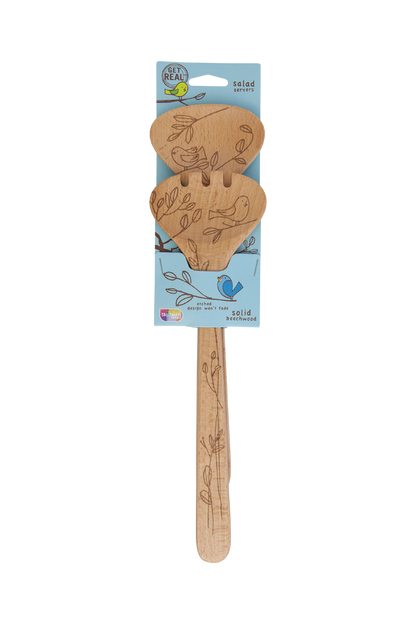 Wooden salad server with bird design on a white background