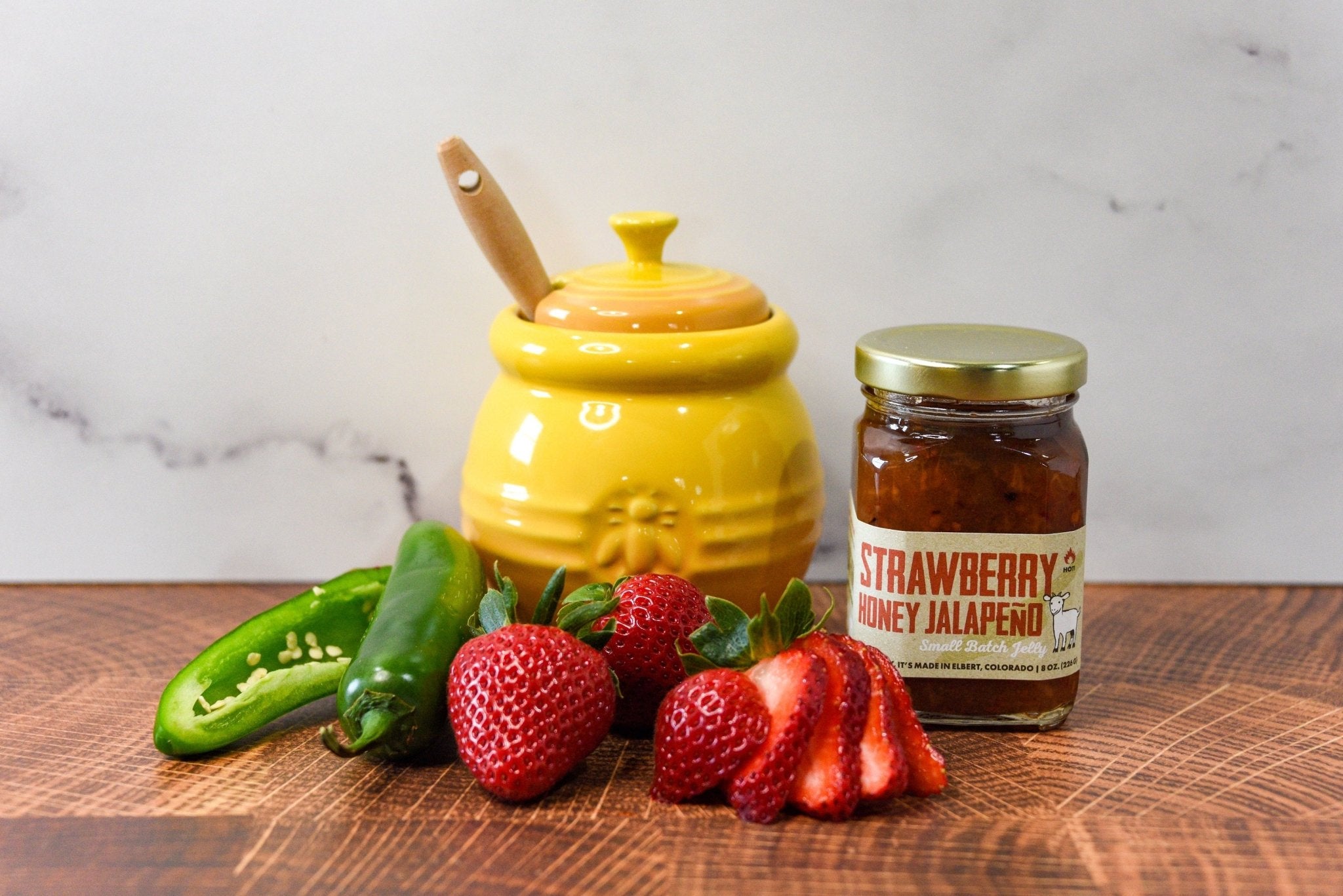 Naked Goat Farm Strawberry Honey Jalapeno Jam with Fresh Jalapenos and Strawberries