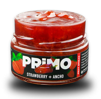 Jar of Primo strawberry and ancho fruit spread on a white background