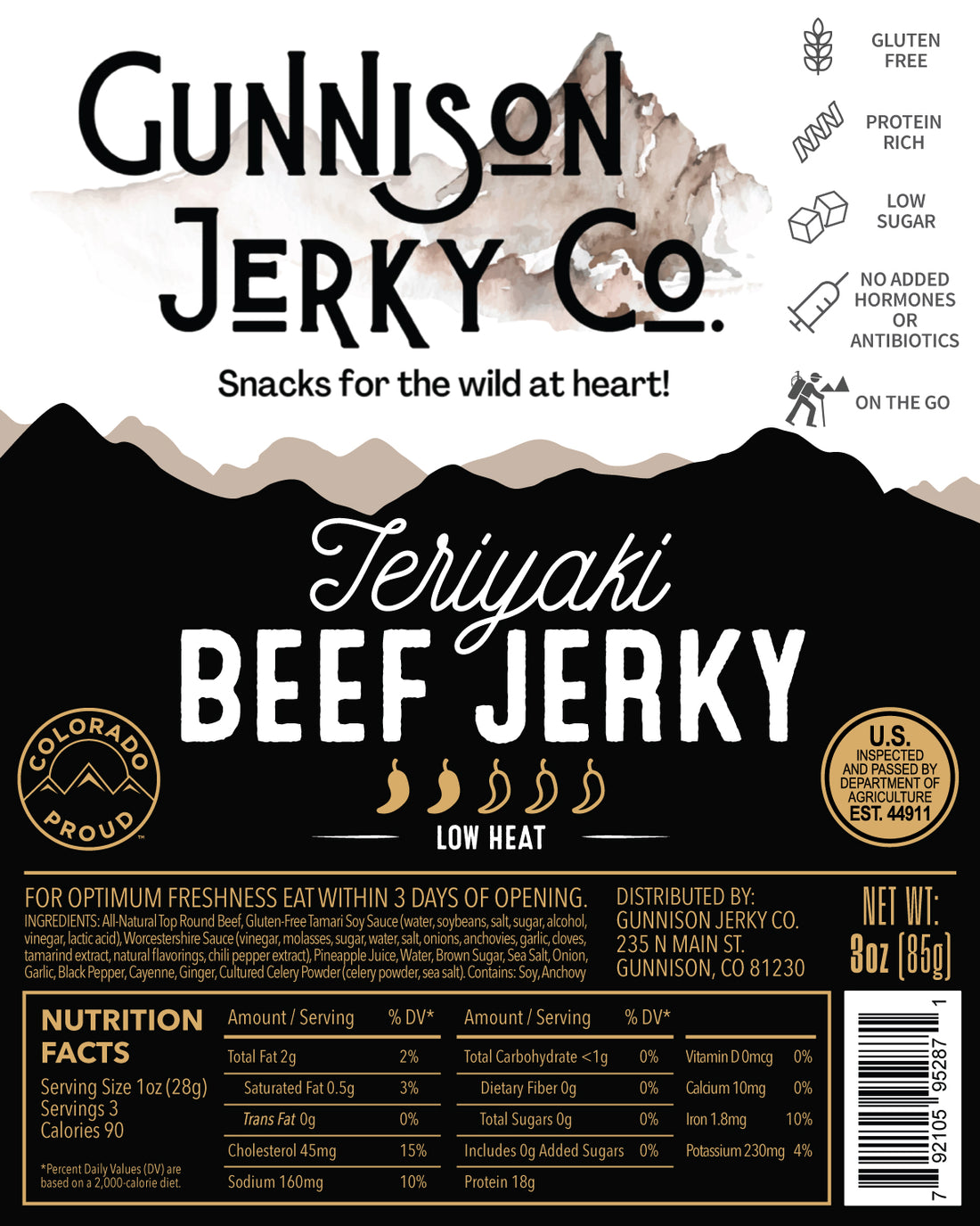Gunnison Jerky Co Teriyaki Beef Jerky Label