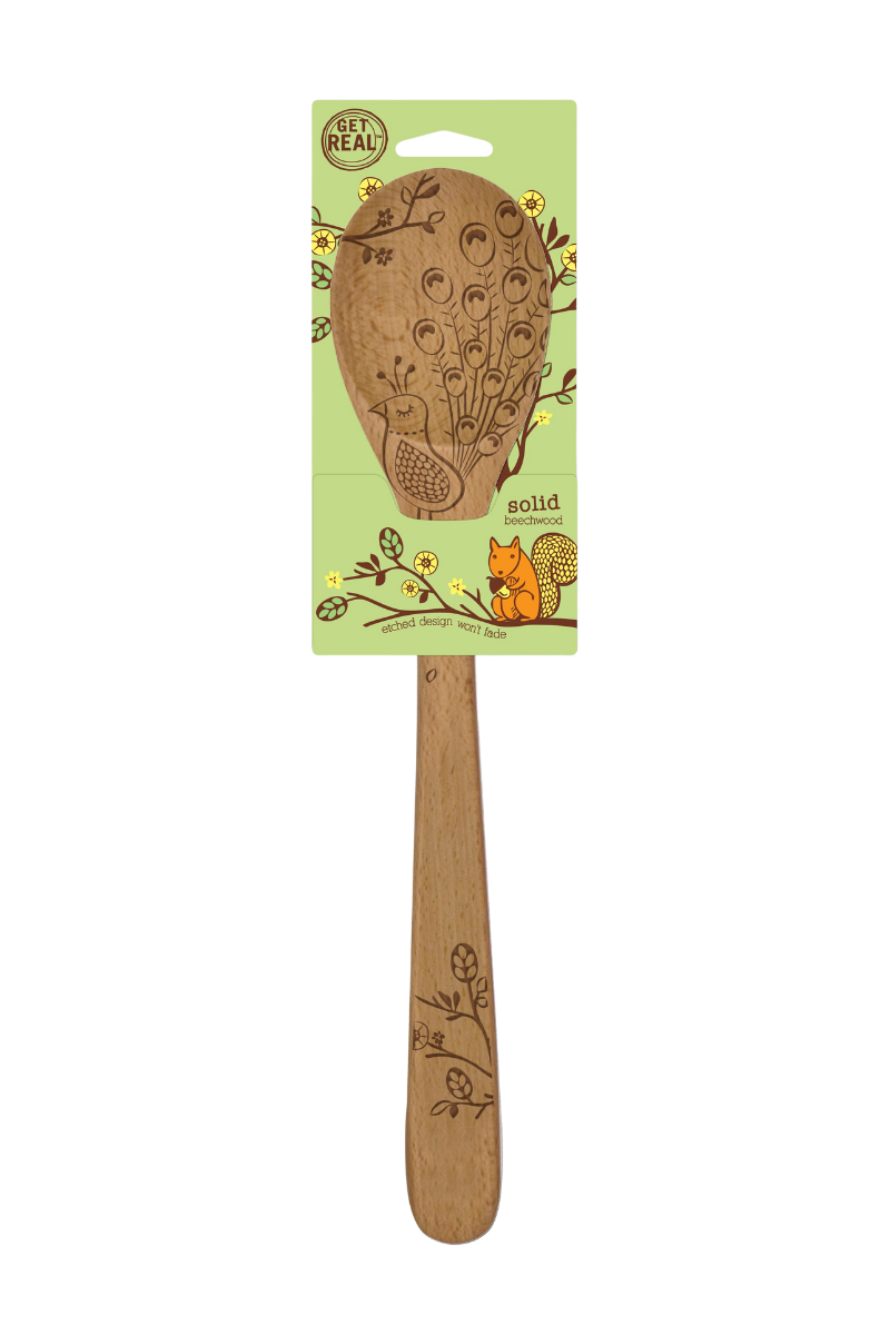 Wooden spoon with animal designs on a white background