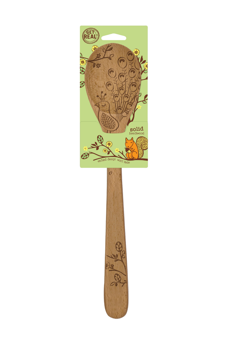 Wooden spoon with animal designs on a white background