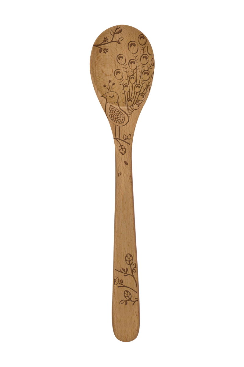 Wooden spoon with engraved design on a white background