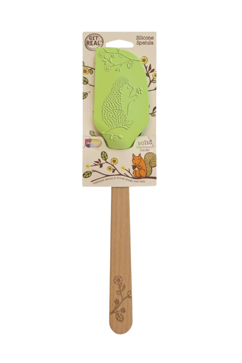 Silicone spatula with wooden handle and packaging on a white background